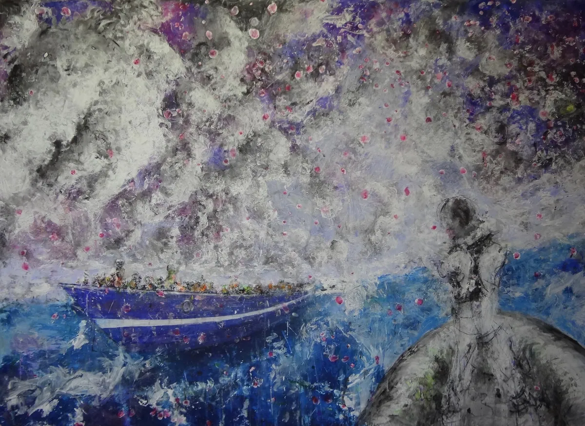 Die Ankommenden, 140 x 195 cm, aus der Werkgruppe „Boote“ von Andre Willi
