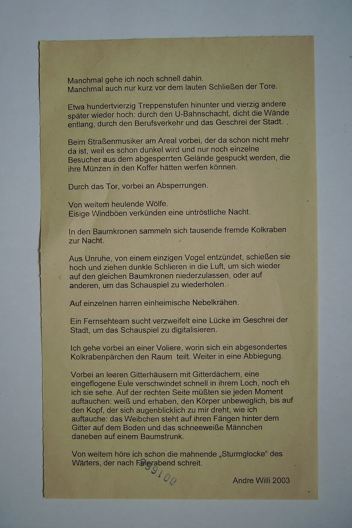 Text, aus der Installation „Schneeeulen“ von Andre Willi